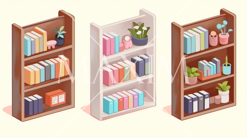 子供部屋の本棚：本や花などがある