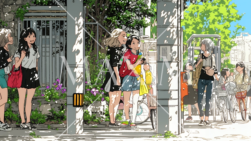 道端で会話を楽しむ若い主婦たち（ママ友たち）