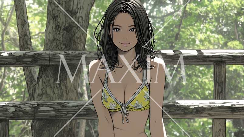 山原の森のホテルのベランダにいる下着姿の若い女性