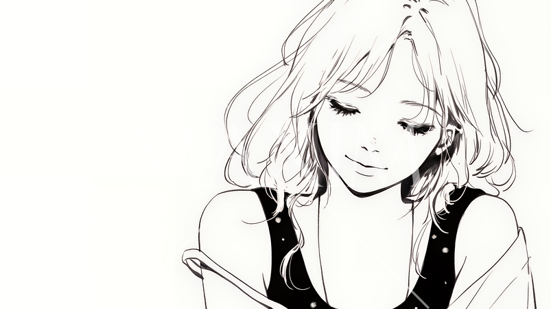 悲しげな目で微笑む（Smiling with sad eyes）若い女性（シンプルな色使い）