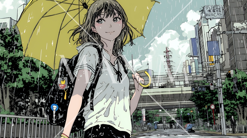 雨の日に傘をさして歩く若い女性