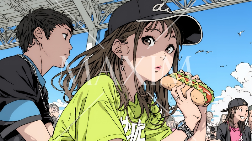 野球などの屋外スポーツを観戦しながら、ホットドッグを頬張る若い女性。