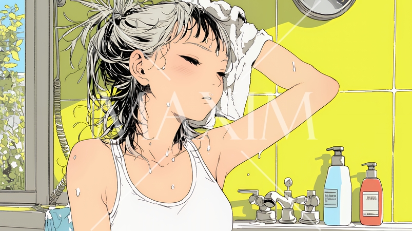 朝支度：洗面所で髪をまとめている若い女性