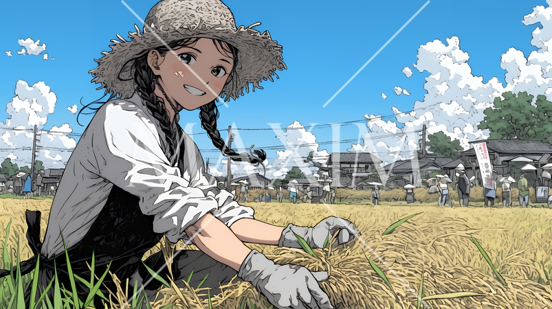 田んぼで農作業をしている女性