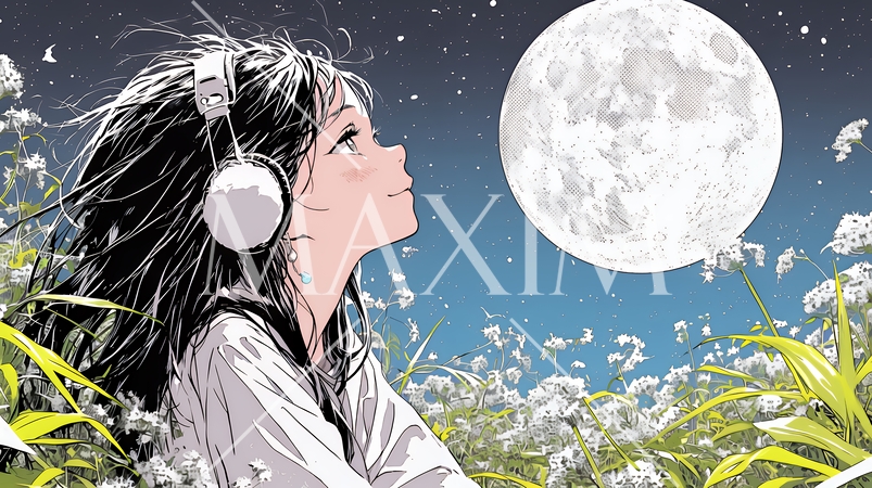 月見をしている若い女性