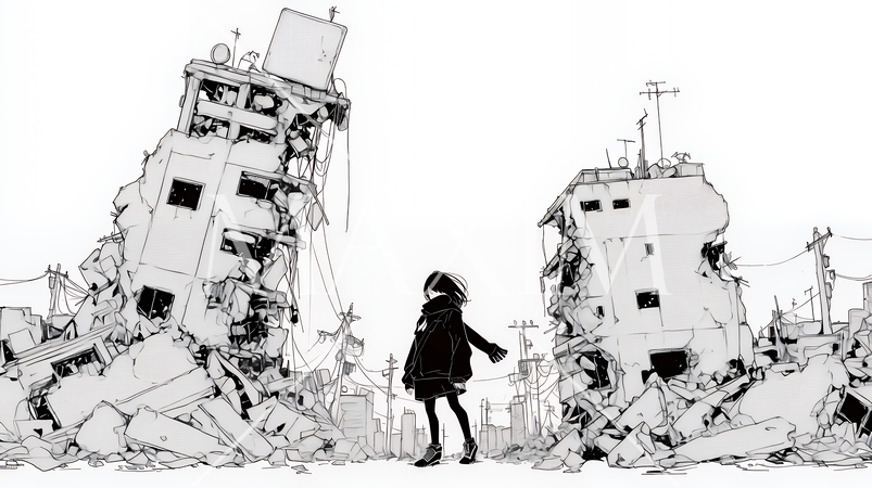 震災や空爆などで破壊された街で孤独に立ちすくむ若い女性（シンプルな色合い）