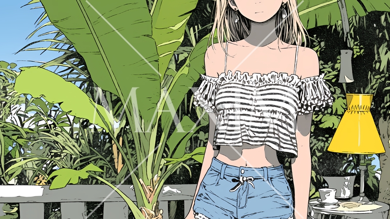 セクシーな服装の若い女性と南国の植物とホテルのベランダ