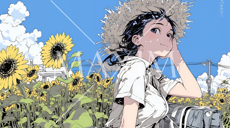 真夏の青空のもと、ヒマワリ畑を散策している若い女性