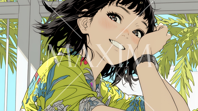 沖縄のかりゆしファッションを着て笑顔いっぱいの若い女性