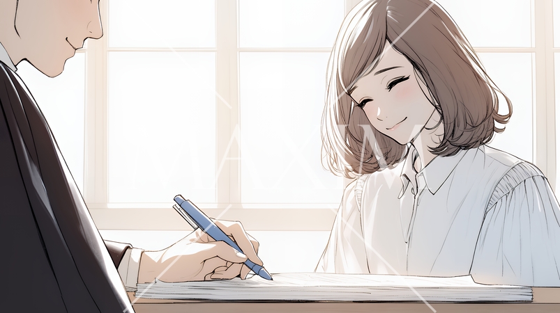 OJT：　上司から仕事の手順の説明を受けている女性社員（シンプルな色使い）