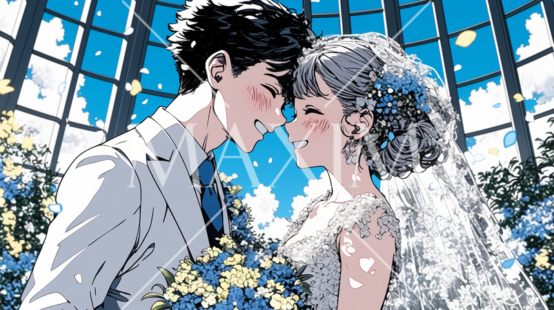 結婚式で見つめ合う新郎新婦：キス