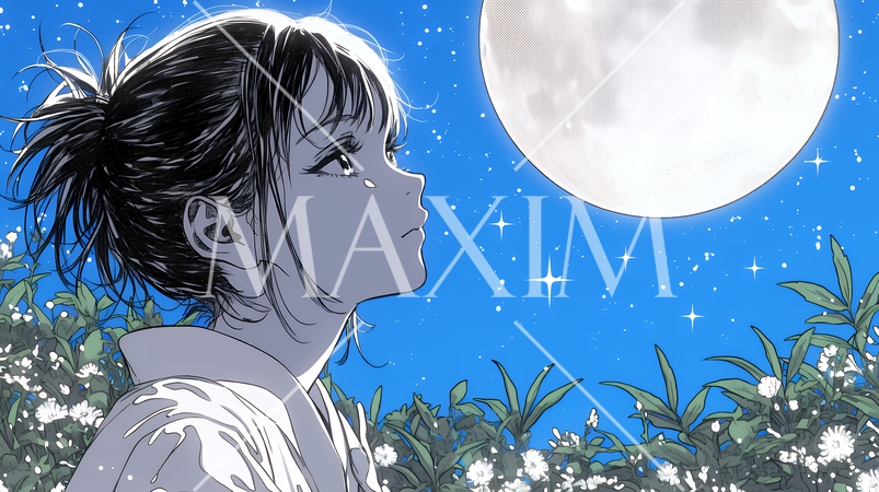 月見をしている若い女性