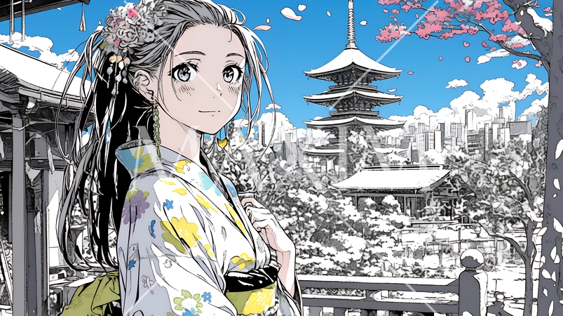 和服を着て初詣をしている若い女性