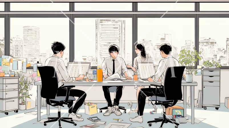 資料を見ながら打ち合わせをする会社員｜オフィスのビジネスミーティングイメージ