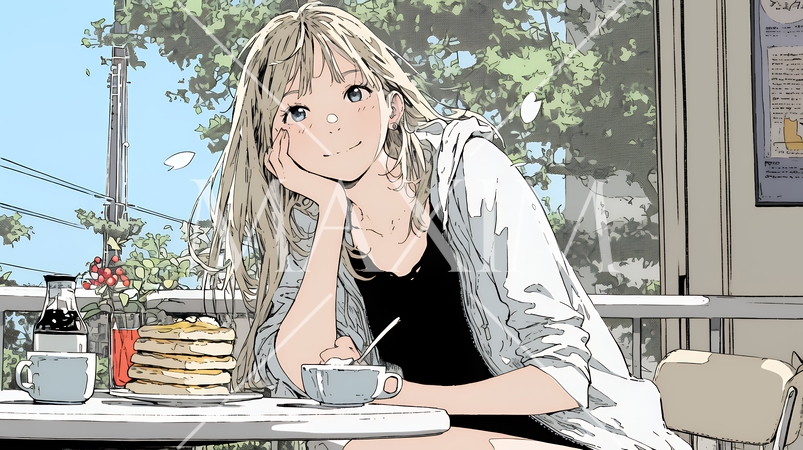 早朝のダイナー（喫茶店）でパンケーキ（モーニングセット）を食べる若い女性