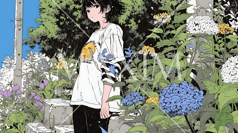 あじさいとカジュアルな服装の若い女性