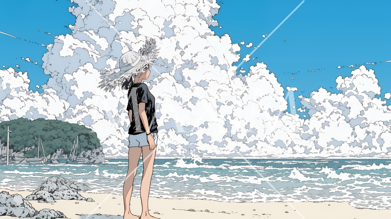 夏の海と入道雲と若い女性