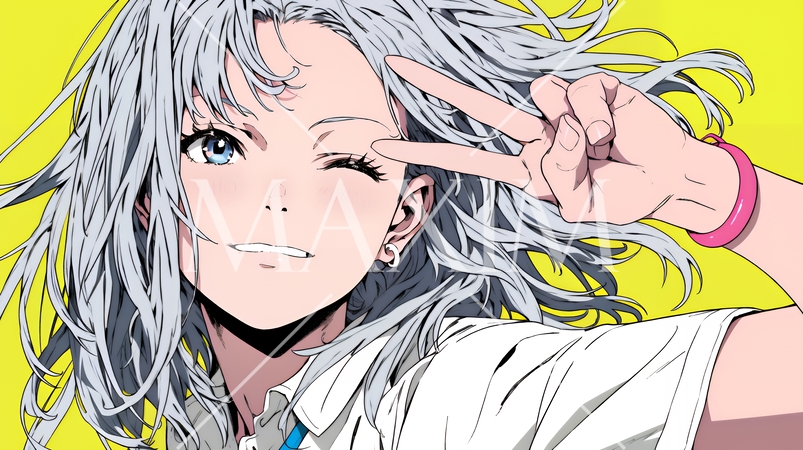 ピースサインをしている若い女性