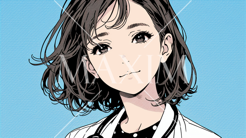 白衣を着て聴診器を首にかけている若い女医