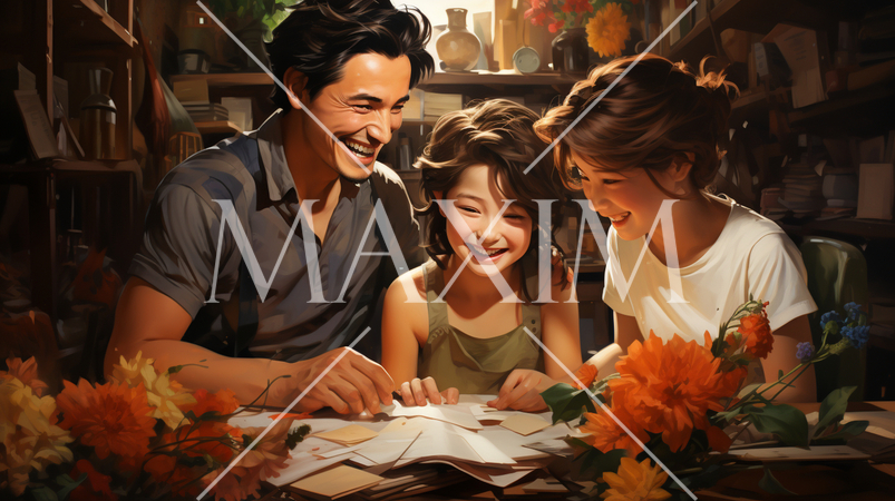 若い夫婦とその子供が一年の思い出を語りながら談笑している。