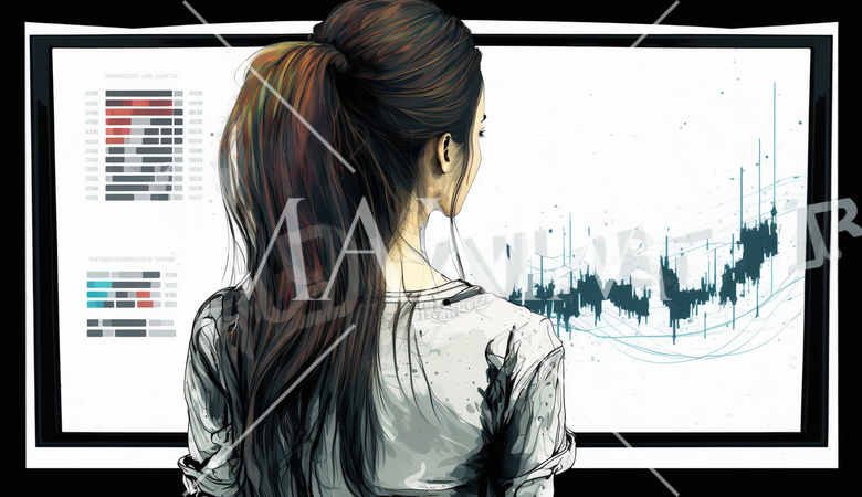 モニターに表示された株価チャートと注文画面を見つめる女性トレーダーの後ろ姿。