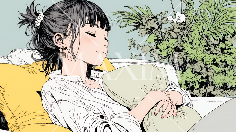 ソファでクッションを抱えてくつろぐ若い女性