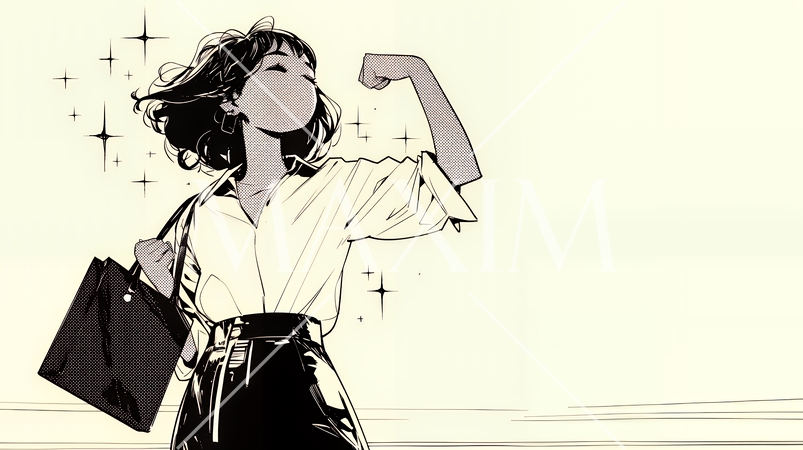 ガッツポーズ（拳を握って力強く）をしているビジネスウーマン（シンプルな色使い）