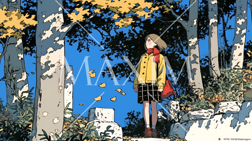 紅葉の小径を歩く若い女性