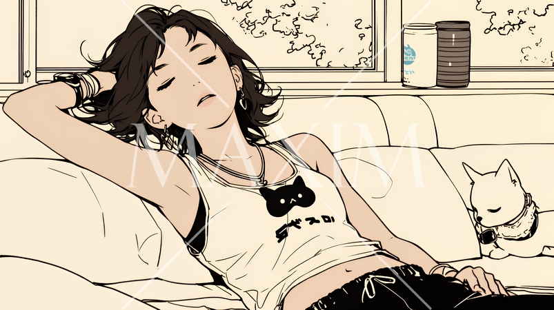 幸せそうな寝顔で眠っている若い女性（シンプルな色使い）