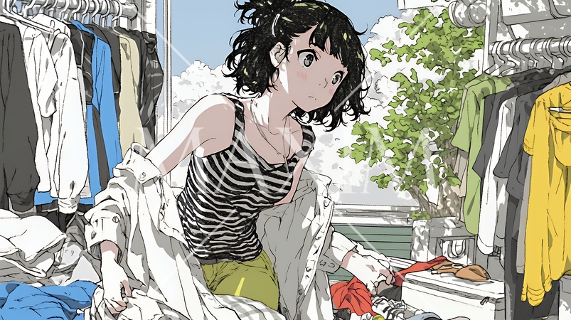 着ていく服をクローゼットから選ぶ若い女性