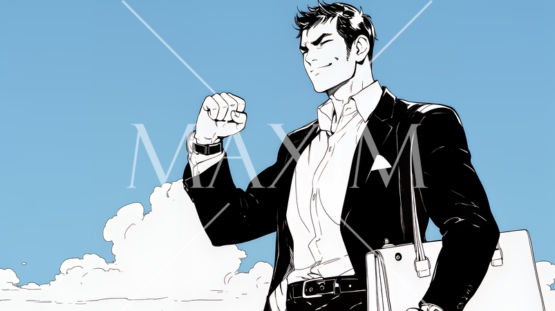 ガッツポーズ（拳を握って力強く）をしているビジネスマン（シンプルな色使い）