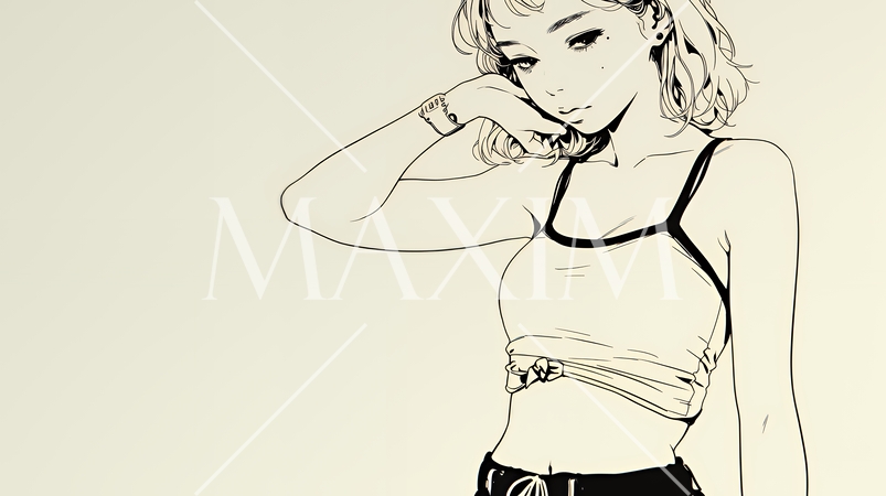 ウェストライン（腰回り）をチェックしている女性（シンプルな色使い）