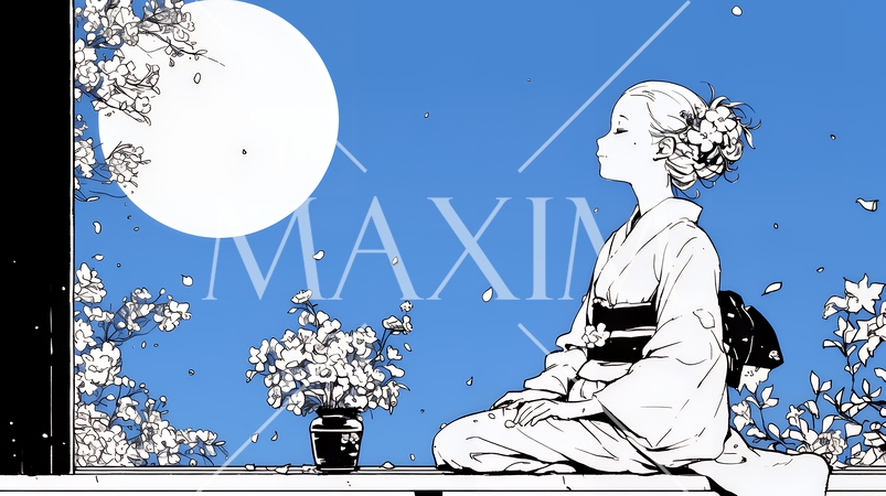 月見をしている和服姿の若い女性（シンプルな色使い）