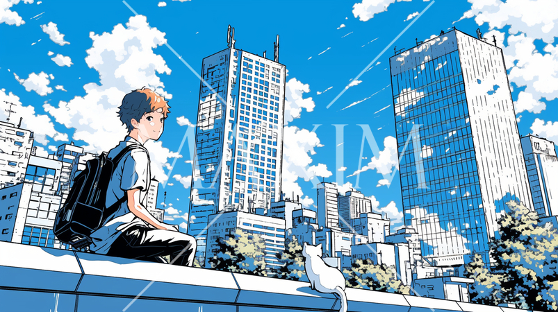 都市の町並みと夏の青空