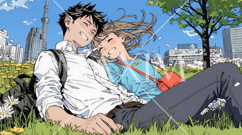 新緑の芝生が広がる都会の公園でくつろぐ若い男女