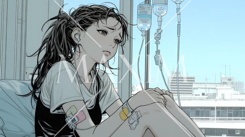 病院のベッドに腰掛けて気落ちしている女性