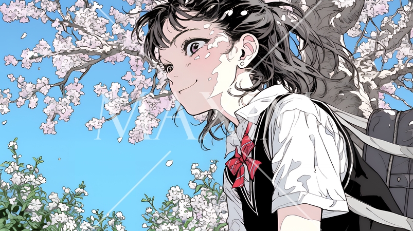 満開の桜の木の下を歩く制服姿の女子高生