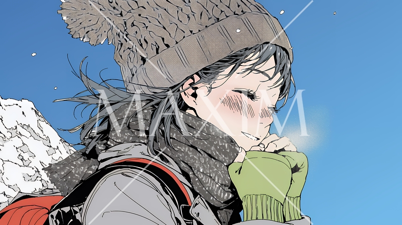 かじかんだ手に息を吹きかけて温めている若い女性