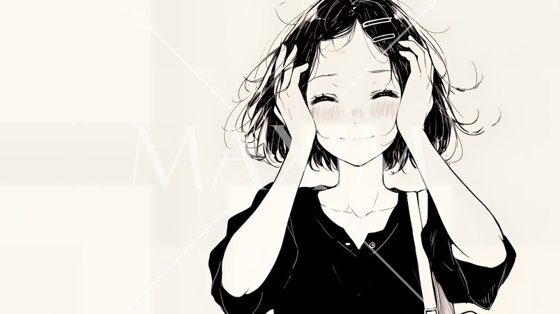 気恥ずかしそうに頭をかき、ごまかすような仕草を見せる若い女性（シンプルな色使い）