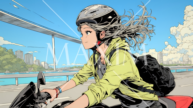 バイクに乗っている若い女性