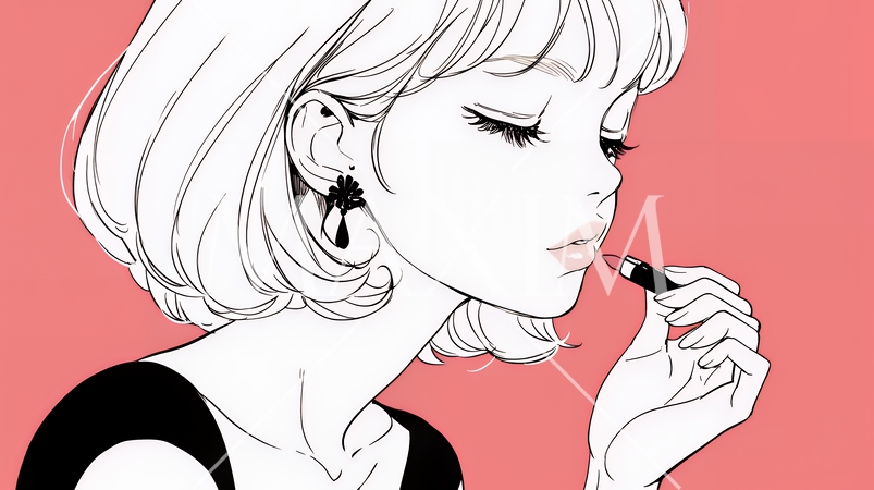 化粧をしている（口紅をつけている）若い女性（シンプルな色使い）