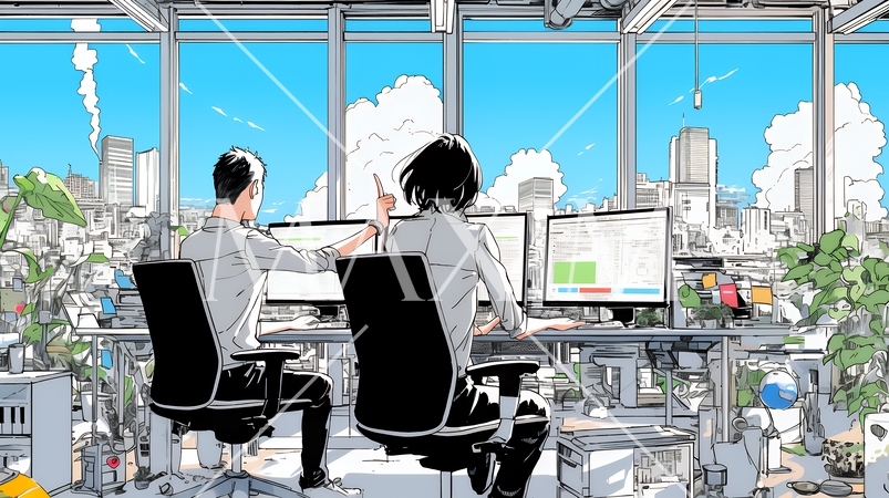 OJT：オフィスで、部下（後輩）を指導するマネージャー