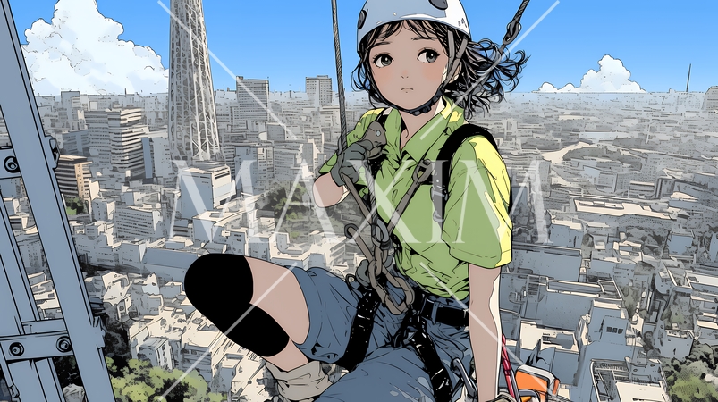 高所で作業をしている女性作業員