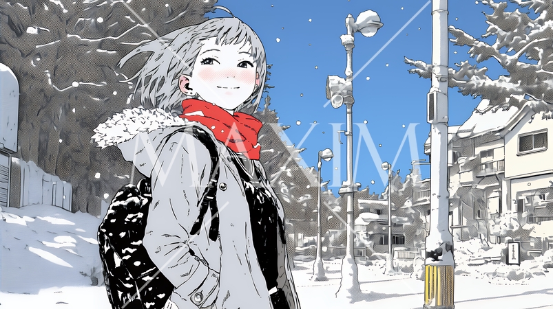 雪の積もる田舎道を歩いている若い女性