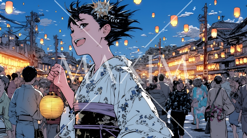 縁日屋台が立ち並び、賑わいを見せる祭りの夜