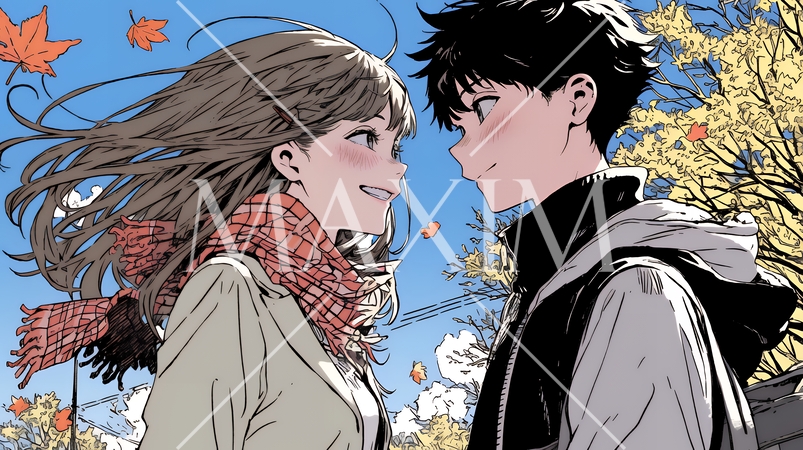 紅葉の下でいちゃついている若いカップル