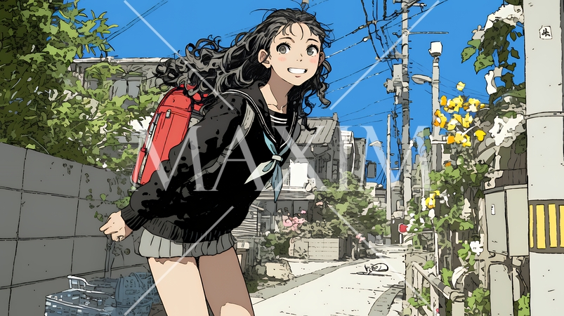 学校に遅れそうで道を急いでいる女子高生