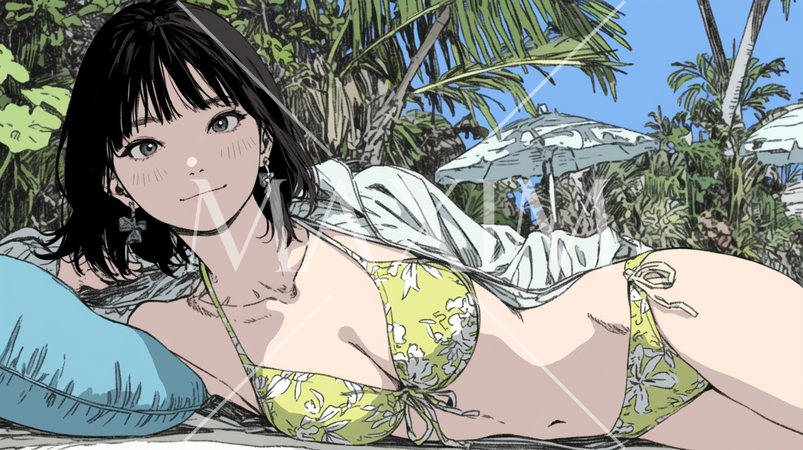 南国の海岸にビキニ姿でいる若い女性