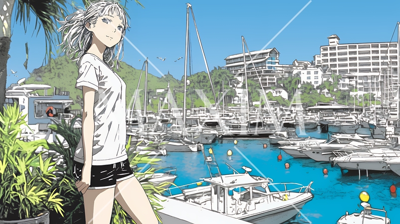 沖縄のヨットハーバーに立つ若い女性