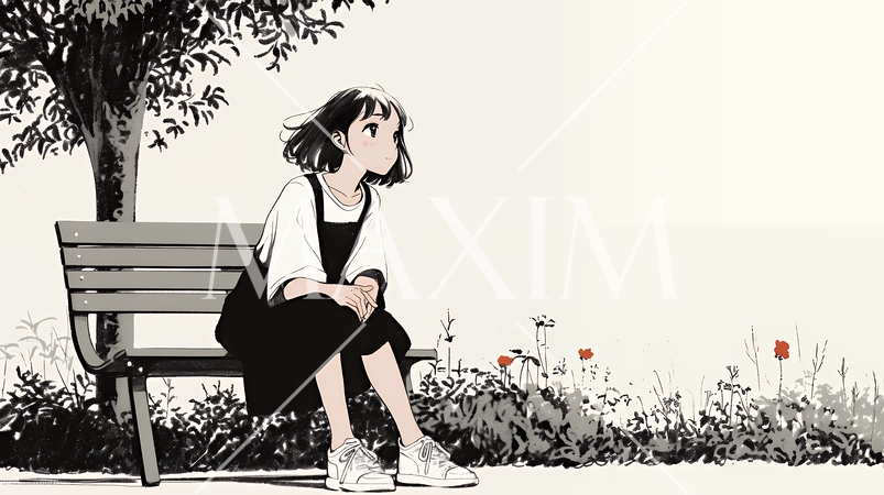 公園のベンチでひとり静かにくつろぐ若い女性（シンプルな色使い）